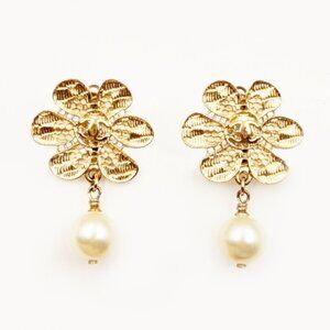 Chanel Gold CC Lace Flower Pearl Dangle Clip on Earrings